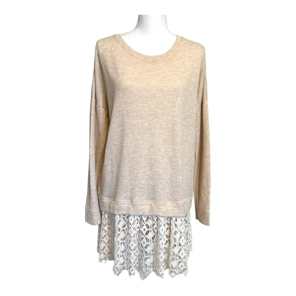 Free People Beach Shake It Oatmeal Lacey Pullover Tunic Top One Size